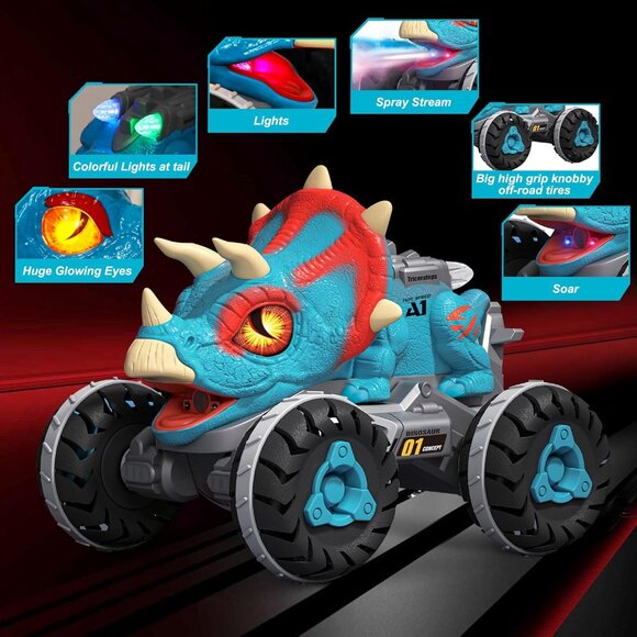 Remote Control Dinosaur Car Toy Blue Light Music Roar Spray RC Truck for Kids - Picture 5 of 7